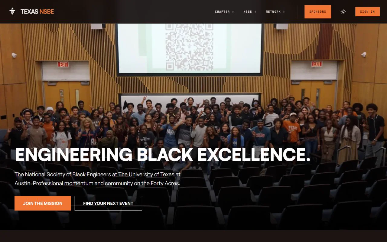 Texas NSBE homepage with the chapter group photograph, Engineering Black Excellence headline, and membership links.